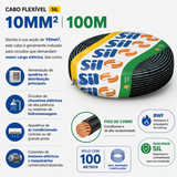 Cabo Flexível SIL 10mm² 750V Preto Rolo 100m Cobre Classe 5 Antichama