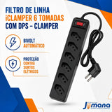 FILTRO DE LINHA iCLAMPER ENERGIA 6 TOMADAS COM DPS BIVOLT 127/220V PRETO — CLAMPER