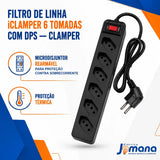 FILTRO DE LINHA iCLAMPER ENERGIA 6 TOMADAS COM DPS BIVOLT 127/220V PRETO — CLAMPER