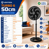 Ventilador De Coluna Turbo 6 Pás 50cm Preto Ventisol 50 Cm 60 Hz Preto 220v Plástico 6