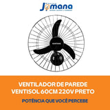 Ventilador de Parede Ventisol 60cm New Black Turbo Oscilante – 220V – Grade Plástica – Preto