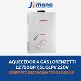 Aquecedor a Gás Lorenzetti LZ 750 BP 7,5L GLP