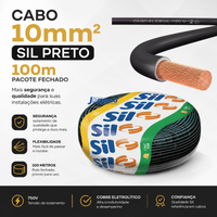 Cabo Flexível SIL 10mm² 750V Preto Rolo 100m Cobre Classe 5 Antichama