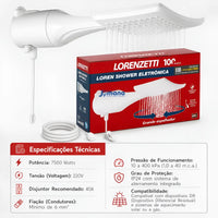 Chuveiro Lorenzetti Loren Shower Ultra Eletrônico 220V 7500W Branco – Controle Eletrônico de Temperatura
