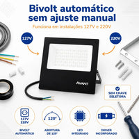 Refletor Led Slim Preto 100W IP 66 6500K Temperatura de cor Branco Frio Bivolt AVANT