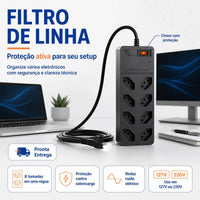 Filtro de Linha Energy 8 Tomadas Proteção DPS Preto 127/220V Clamper