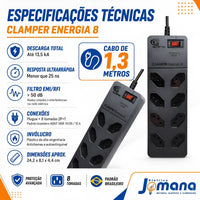 Filtro de Linha Energy 8 Tomadas Proteção DPS Preto 127/220V Clamper