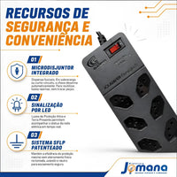 Filtro de Linha Energy 8 Tomadas Proteção DPS Preto 127/220V Clamper
