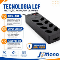 Filtro de Linha Energy 8 Tomadas Proteção DPS Preto 127/220V Clamper