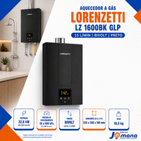 Aquecedor de Água a Gás Lorenzetti LZ 1600BK Preto 15 Litros GLP Bivolt Automático 127/220V