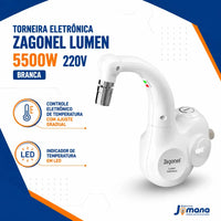 Torneira Eletrônica Zagonel Lumen Branca 220V 5500W para Cozinha com Bica Móvel