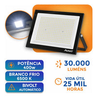 Refletor LED Avant Slim 400W 6500K Bivolt IP66 Preto 30.000lm Branco Frio