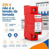Protetor Contra Surtos DPS CLAMPER Front V 275V 45kA Classe II Monopolar para Trilho DIN