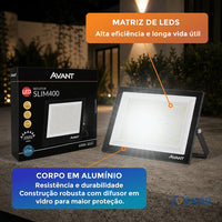 Refletor LED Avant Slim 400W 6500K Bivolt IP66 Preto 30.000lm Branco Frio