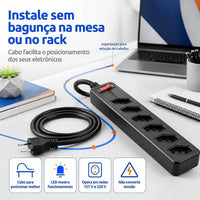 FILTRO DE LINHA iCLAMPER ENERGIA 6 TOMADAS COM DPS BIVOLT 127/220V PRETO — CLAMPER