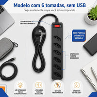 FILTRO DE LINHA iCLAMPER ENERGIA 6 TOMADAS COM DPS BIVOLT 127/220V PRETO — CLAMPER