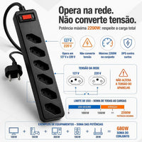 FILTRO DE LINHA iCLAMPER ENERGIA 6 TOMADAS COM DPS BIVOLT 127/220V PRETO — CLAMPER
