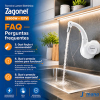Torneira Eletrônica Zagonel Lumen Parede 127V 5500W Branca – Controle Eletrônico de Temperatura