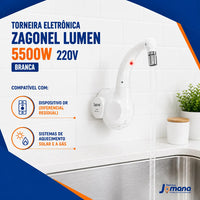 Torneira Eletrônica Zagonel Lumen Branca 220V 5500W para Cozinha com Bica Móvel