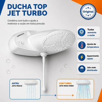 Ducha Eletrônica Lorenzetti Top Jet Turbo 220V 7500W Branca – Chuveiro com Pressurizador Integrado