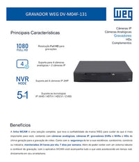 Gravador de Vídeo WEG DVR 4 Canais Full HD DV-M04F-131 Bivolt 12V – Híbrido Analógico + IP | Ref. 16994461