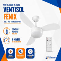 Ventilador de Teto Ventisol Fênix 3 Pás 96cm Branco 127V ou 220V 130W com Chave de Parede e Lustre para 2 Lâmpadas