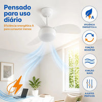 Ventilador de Teto Ventisol Fênix 3 Pás 96cm Branco 127V ou 220V 130W com Chave de Parede e Lustre para 2 Lâmpadas