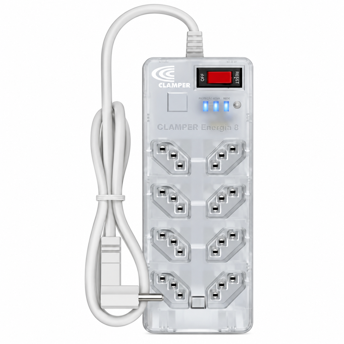 Filtro de Linha 3 Pinos 8 Tomadas 10A Transparente 127/220V Clamper