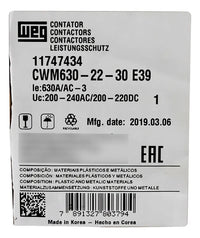 Contator WEG CWM630-22-30E39 630A Tripolar 2NA + 2NF Bobina 220V Original