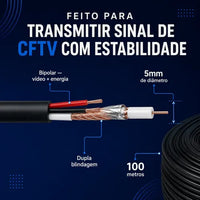 Cabo Coaxial CFTV Condutti 5mm Dupla Blindagem 150m Preto para Área Externa