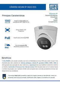 Câmera IP Dome WEG Full HD 2MP 2.8mm Night Color PoE IP-H022-D31