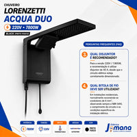 Chuveiro Elétrico Lorenzetti Acqua Duo Ultra Preto 220V 7800W com Ducha e Chuveiro Integrados