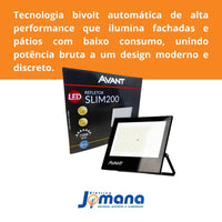 Refletor LED Avant Slim 200W Branco Frio 6500K Bivolt 127/220V IP65 Preto