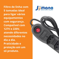 Filtro De Linha Megatron Régua 5 Tomadas 1M Preto Bivolt 127/220v