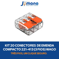 Conector Wago 221-413 3 Vias Kit 20 Peças - Compacto para emenda