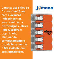 Kit 10 Conectores Wago 221-415 5 Vias  - Compacto para emenda