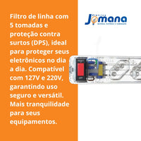 Filtro de Linha 5 Tomadas Proteção DPS Transparente 127/220V Clamper