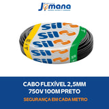 Cabo Flexível 2,5mm² Preto 750V Rolo 100 Metros Antichama SIL